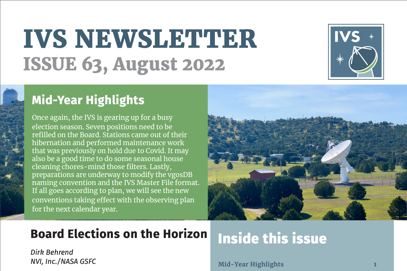 Top portion of the front page of the IVS Newsletter, August 2022, Issue #63
