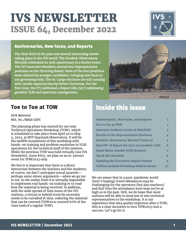 The front page of the IVS Newsletter, issue #64, December 2022. 